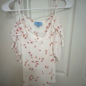 Cece White Floral Cold Shoulder Top